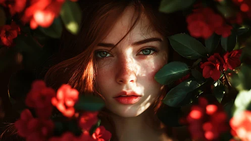 Centered female portrait framed by red flowers and foliage