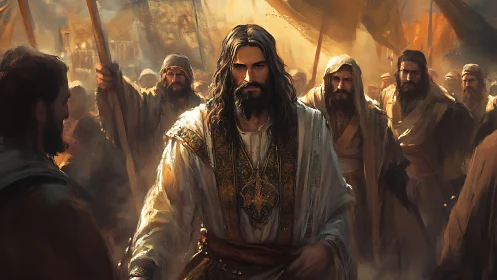 Messianic leader strides through torchlit desert crowd.