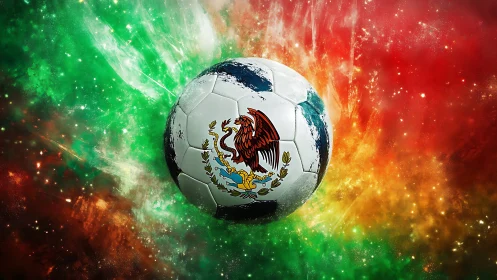 Mexico soccer ball over bold green, white and red burst.