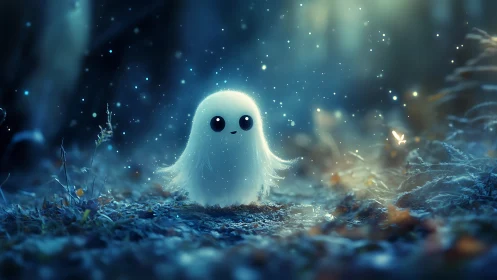 Moonlit forest wisp smiles amid drifting blue night sparkles.