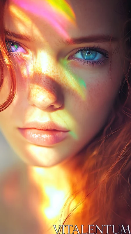 Photorealistic close-up portrait with prismatic light overlay.