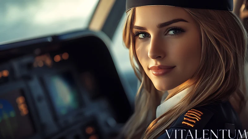 Skybound captain gazes forward in golden cockpit hush.