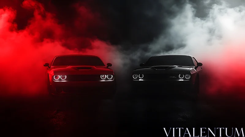 Muscle cars emerging through red and black cinematic smoke.