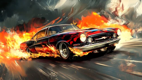 Muscle car races through flames on stormy highway scene.