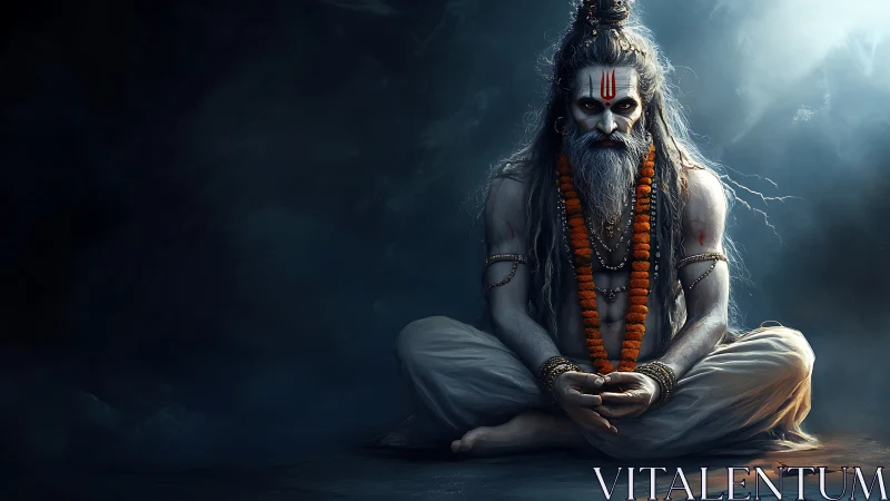 Stormlit ascetic in silent trance, crowned with ember beads.