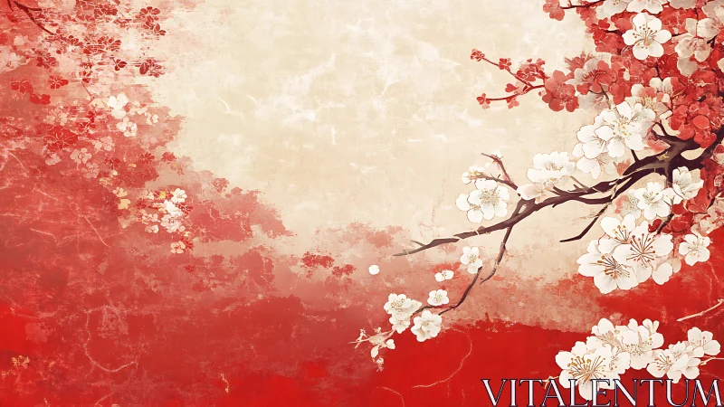 Cherry blossom branch on textured red and beige field.