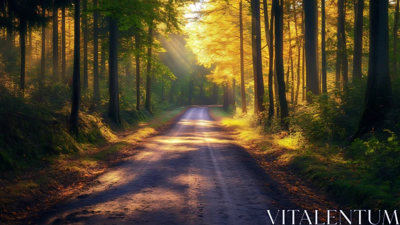 Sunlit forest road with tall trees and golden light rays