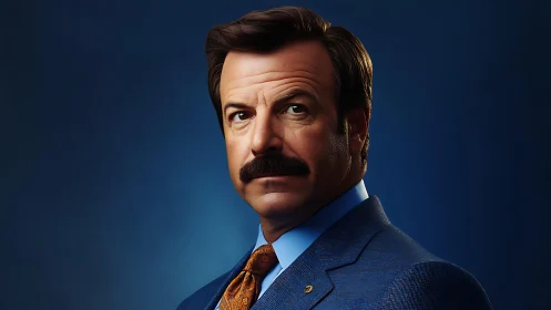 Mustached gentleman studies the spotlight with calm resolve