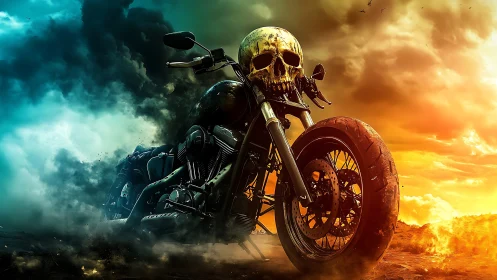 Skull-adorned custom motorcycle amid split stormy sky.