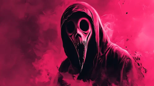 Hooded spectral figure with distorted skull mask in magenta fog