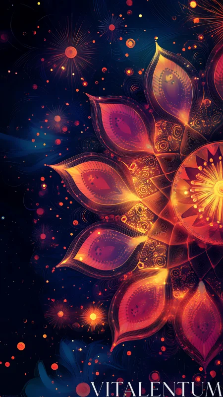 Radial floral mandala glows with layered neon petals