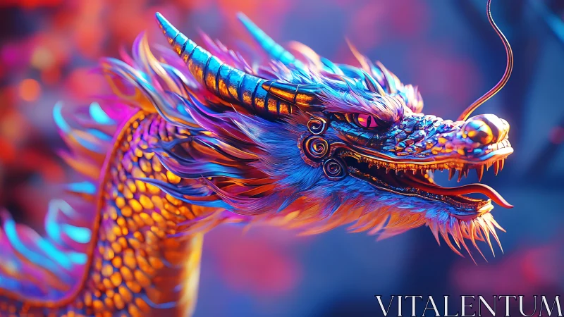 Iridescent cyber-dragon head rendered in high-detail 3D lighting