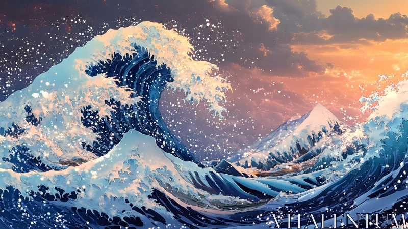 Roaring sunset waves courting snowcapped dream mountains.