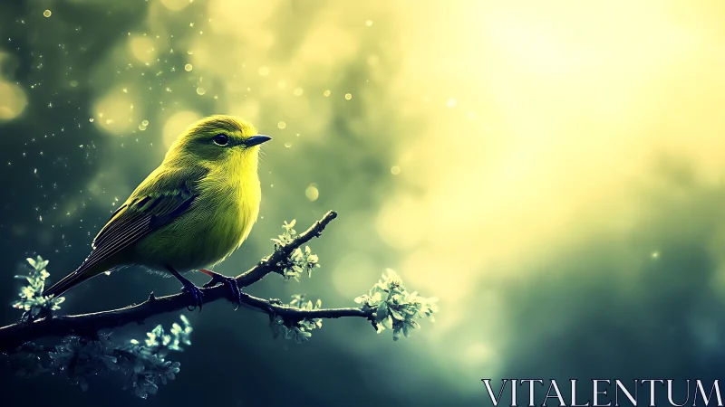 Yellow songbird on flowering branch in dreamy, glowing light.