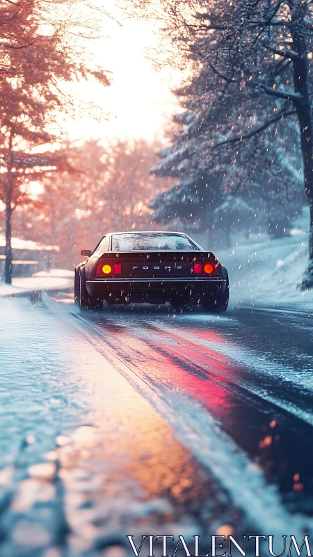 Retro sports car chasing neon dawn through soft snowfall.