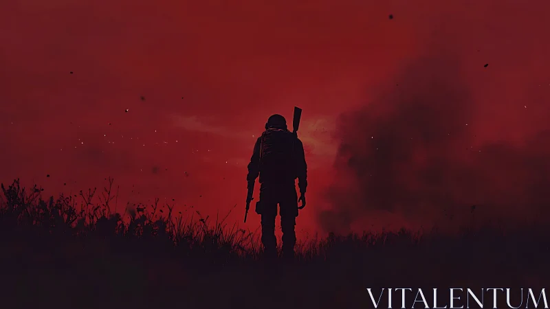 Silhouette of armed figure in red smoke filled outdoor field.