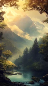 Golden alpine valley river under misty sunrise glow.