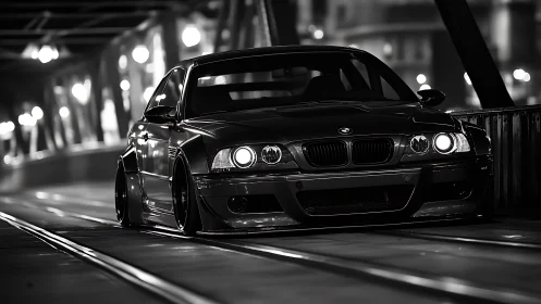 Modified BMW coupe on urban bridge at night in monochrome.