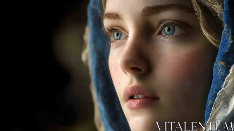 Softly lit blue-eyed portrait under a weathered hooded veil.