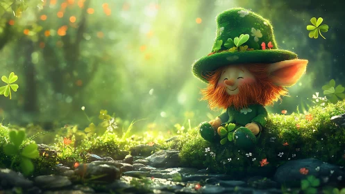 Smiling leprechaun sits in clover filled forest glade.