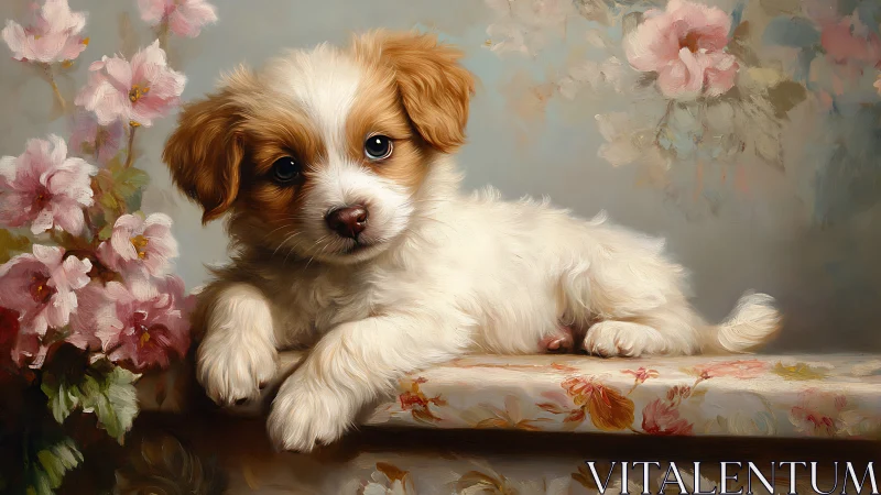 Small spaniel-type puppy in floral interior setting.