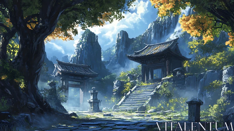 Sunlit mountain shrine courtyard framed by mist and waterfalls