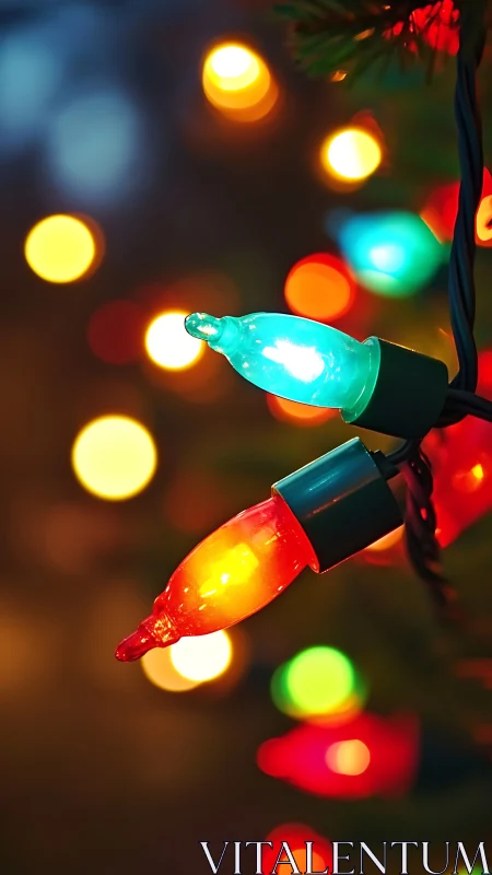 Colorful holiday string lights glow against blurred bokeh