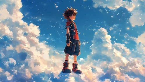 Skyward anime hero standing over luminous drifting clouds.