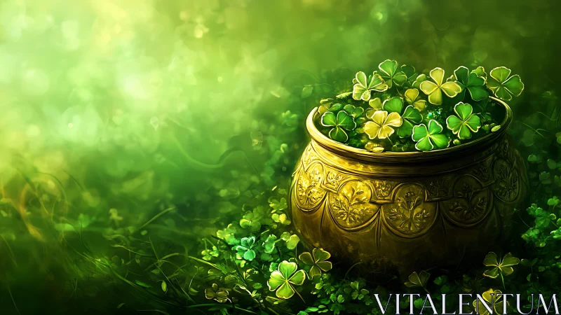 Golden pot filled with clovers stands in soft green light