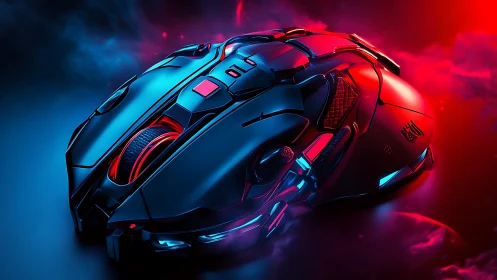 Dual-tone RGB gaming mouse rendered with cinematic cyberpunk lighting