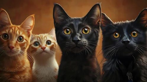 Cats with Golden Eyes Against Warm Amber Background.