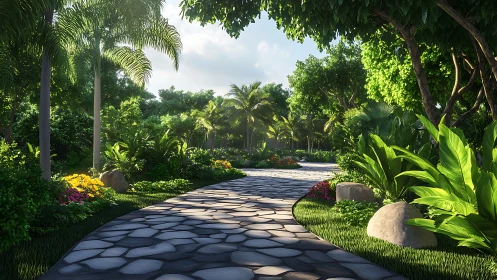 Sunlit stone pathway curves through lush tropical garden.