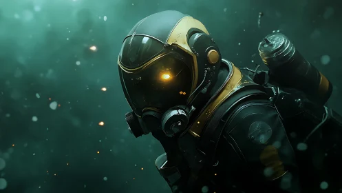 Futuristic diver in armored suit with glowing helmet light.