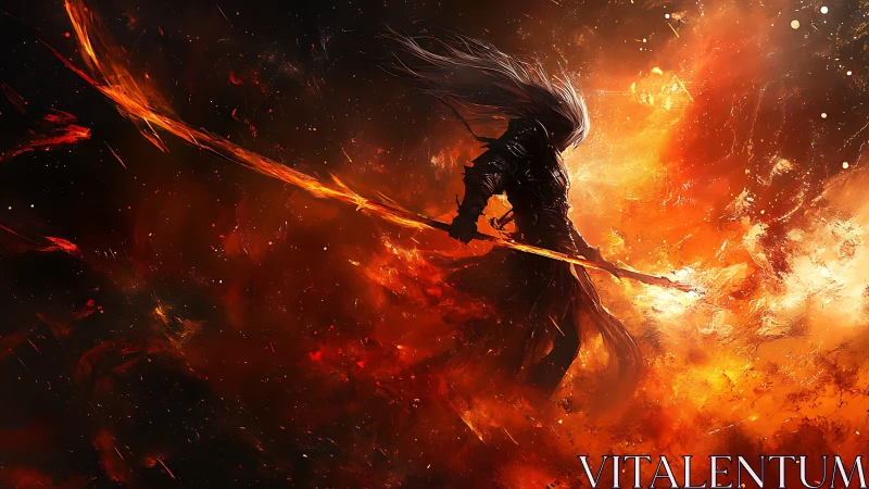 Silhouetted fire warrior brandishes a blazing energy spear