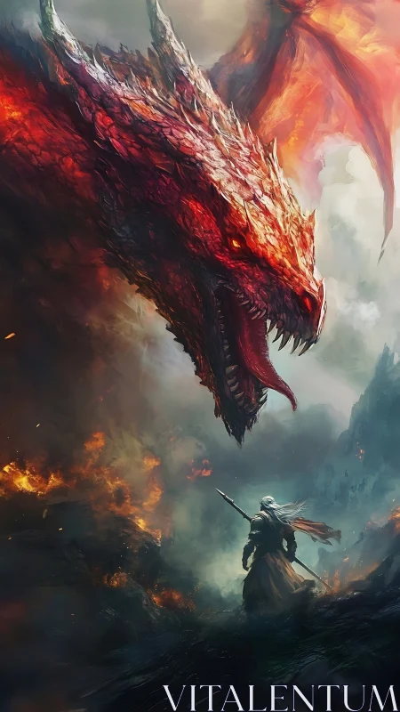 Dragon towers over lone warrior in burning landscape.