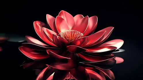 Red lotus flower glows over dark reflective water surface.