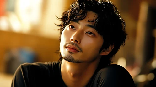 Thoughtful young man in warm cinematic close-up portrait.