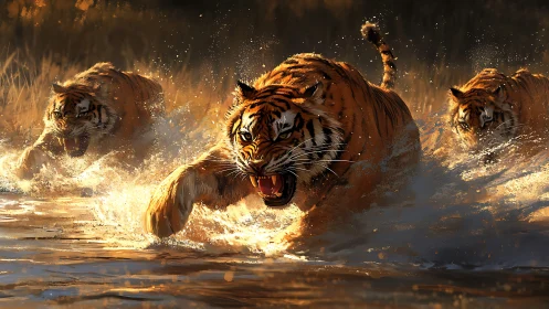 Golden Fury Unleashed: Three Tigers Roar Through Splashing Waters.