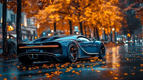 Blue sports car on wet city street in autumn evening scene.