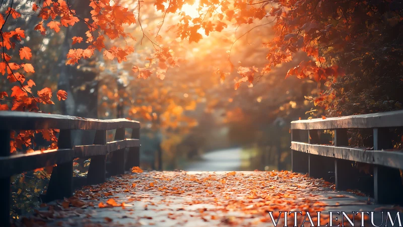 Sunlit autumn bridge with glowing foliage canopy.