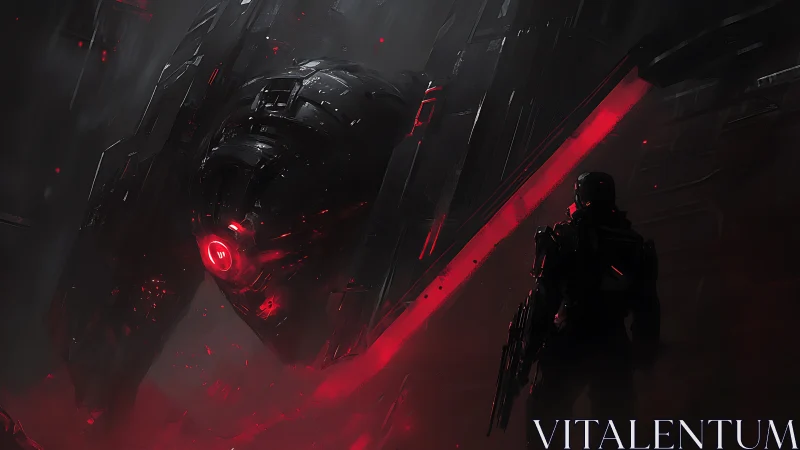 Cyberpunk sentinel drone over red-ruptured hangar bay encounter.