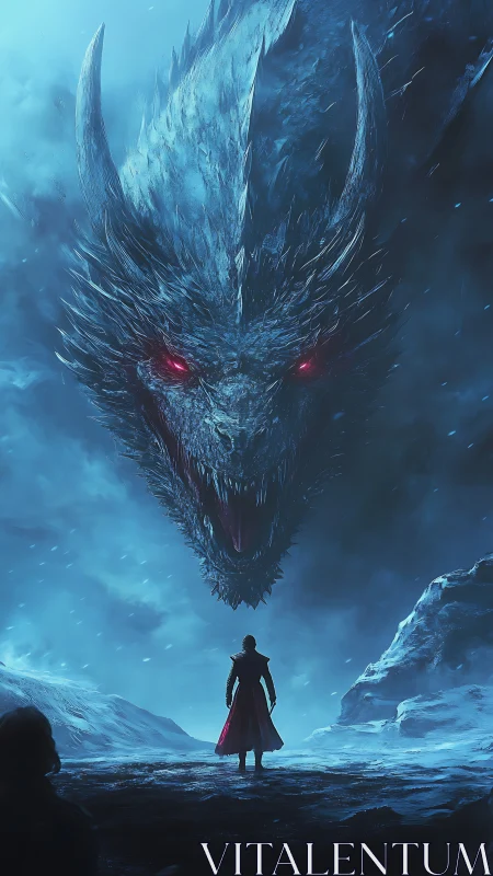 Frostbitten Duel: Lone warrior confronting colossal ice dragon.