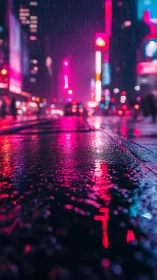 Rain-soaked city street with neon reflections at night.