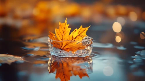 Golden autumn leaf rests gently in a tiny crystal boat