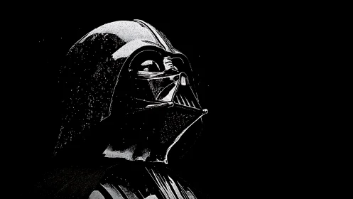 High-contrast ink portrait of masked sci-fi antagonist profile.