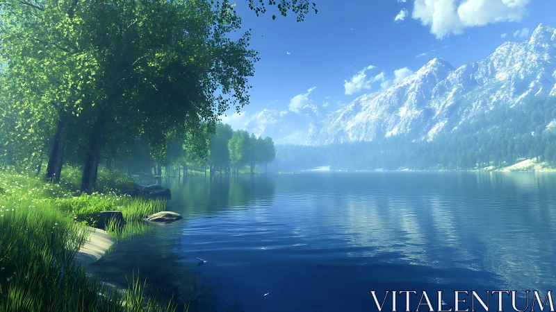 Lake mirrors drifting clouds while pines guard bright shores