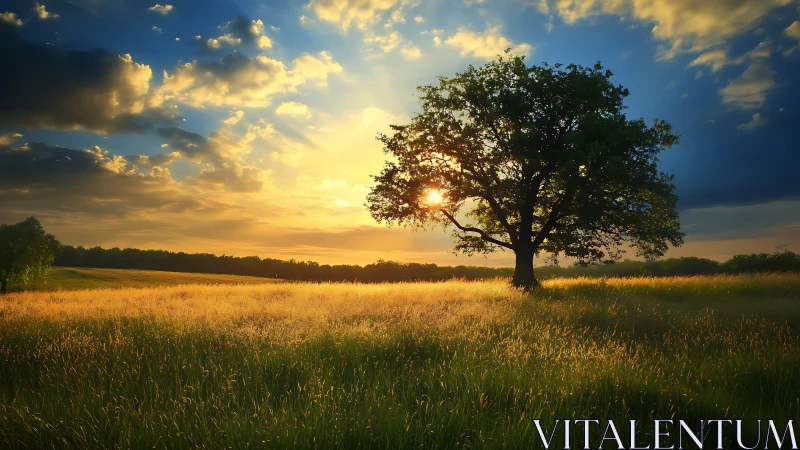 Solitary tree anchors golden meadow at radiant sunset.
