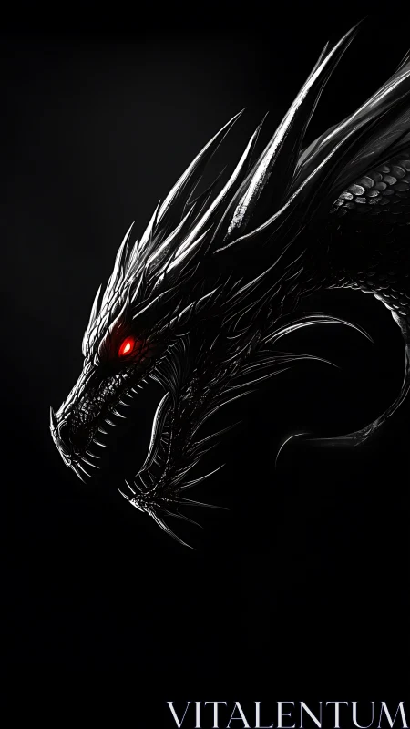 Midnight dragon poised in shadow with ember-red gaze.