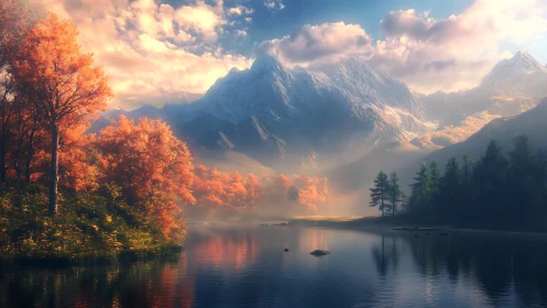 Autumn lake reflects misty snow peaks in golden light.