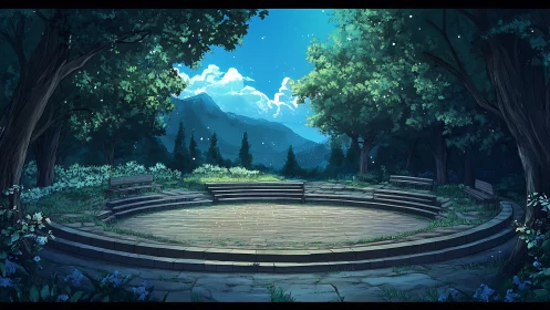 Moonlit forest amphitheater with circular stone terrace.